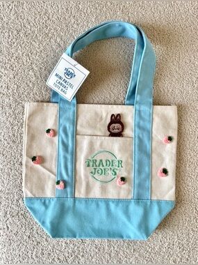 Trader Joe's Custom Pastel Blue Mini Tote Labubu Strawberry Embroidered Tote Bag